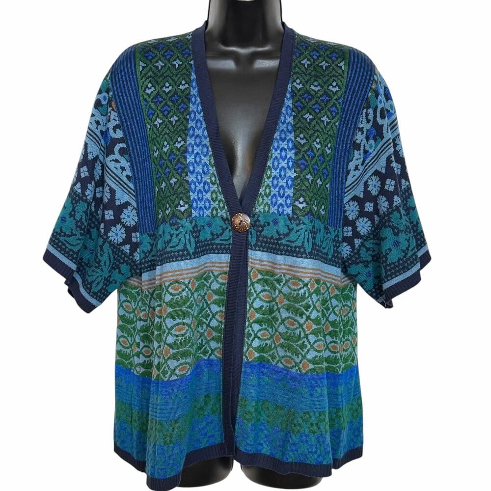 Vtg Coldwater Creek Rayon Knit Cardigan Sweater L Blue Green Boho Artsy Texture